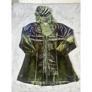 One World Women’s XL Green Purple Velvet Hooded Zip Front Jacket Paisley Boho